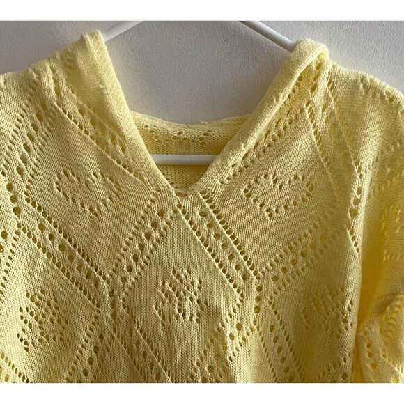 Lemon Drop Yellow Knit Heart Hoodie Sweater Long Sleeve Scalloped Preppy M Women - Picture 4 of 7